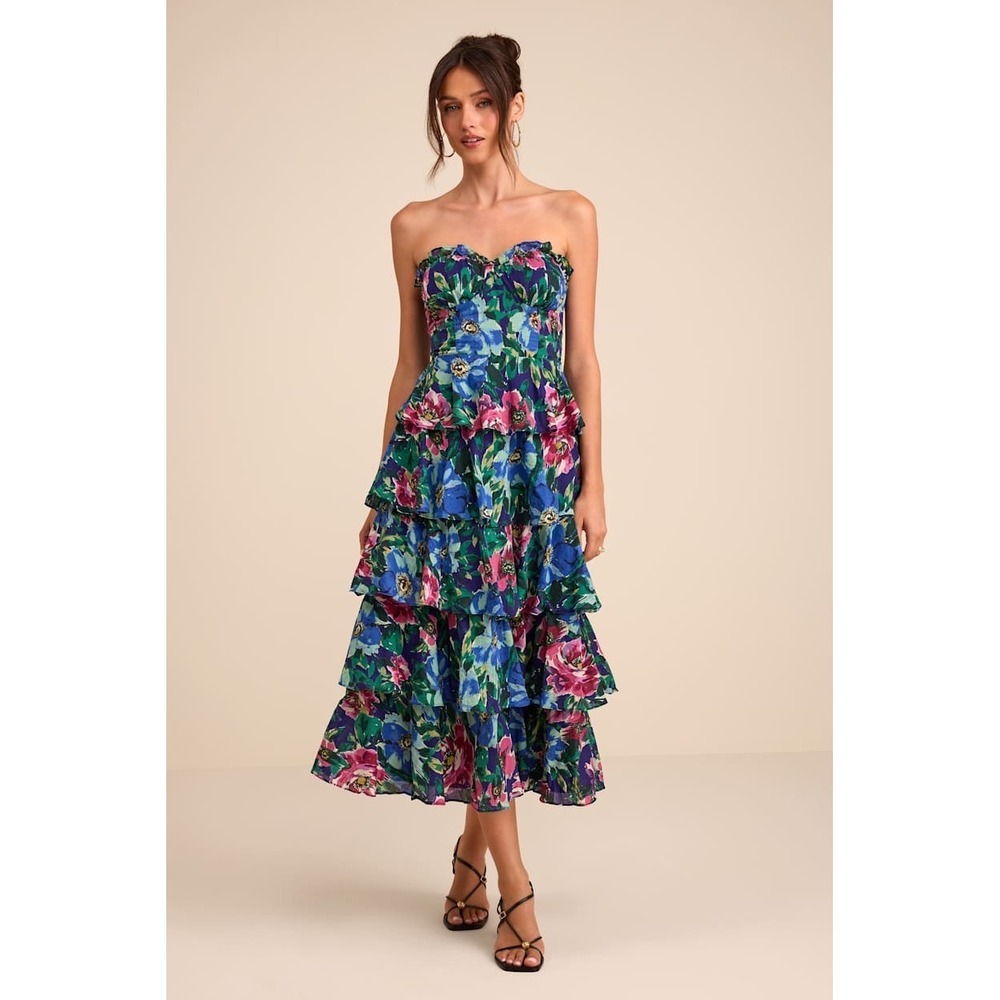 Lulus Strapless Tiered Floral Midi Dress Blue Magenta Watercolor Size L NEW